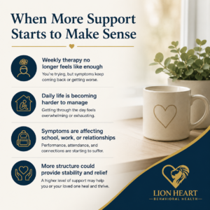 Graphic highlighting signs that more structured mental health support may be helpful when weekly therapy is no longer enough.